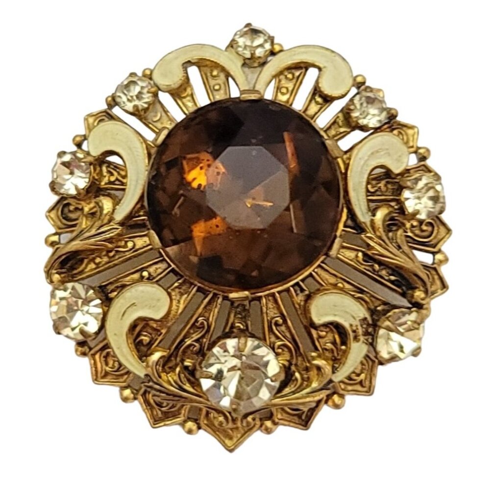 Gold Tone Germany Austria Style Jonquil Topaz White Enamel Brooch K213